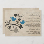 Bleu Floral Lovebirds Faire-part de mariage (Devant / Derrière)