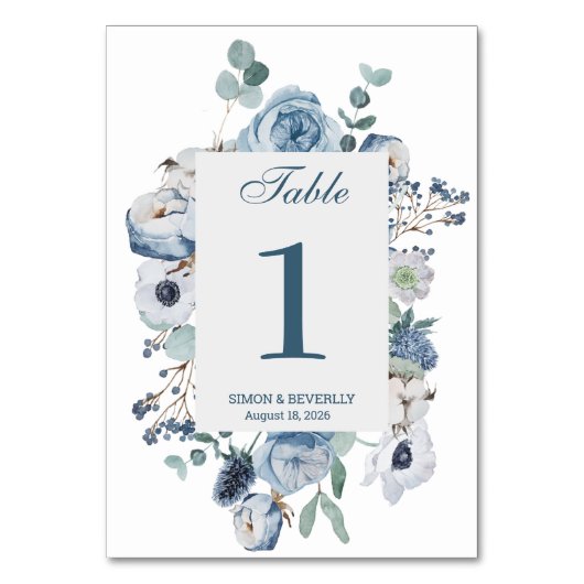 Bleu Floral Mariage Réception Numéro de table Sign (Par défaut)