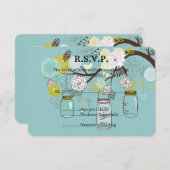 Bleu Floral Mason jarres Mariage RSVP (Devant / Derrière)