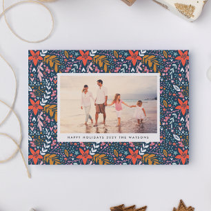 Bleu Floral Noël Joli Carte photo de vacances