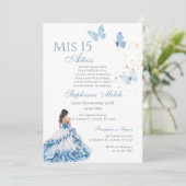 Bleu Floral Papillon Quinceanera Invitation (Debout devant)