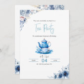 Bleu Floral Tea Party Anniversaire Invitation (Devant / Derrière)