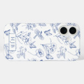 Bleu Floral Toile Papillon Monogramme coque iphone (Verso (horizontal))