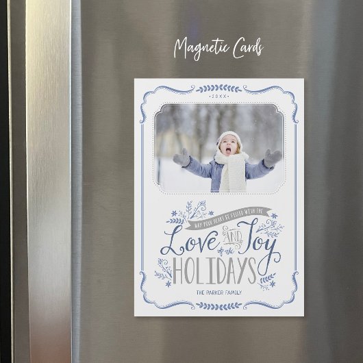 Bleu Floral Whimsy Carte photo de vacances magnéti