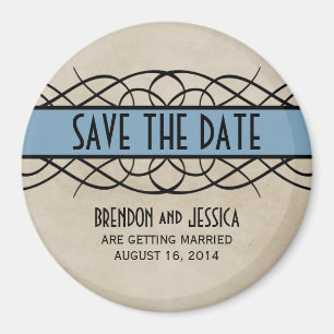 Bleu Flourish Bordure Enregistrer la date Magnet