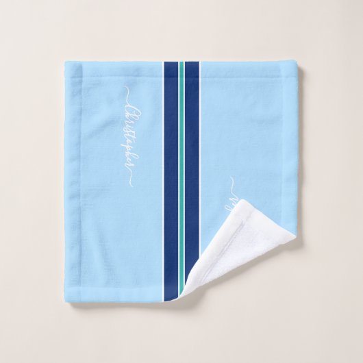 Bleu foncé clair Turquoise rayures Monogramme (Gant de toilette)