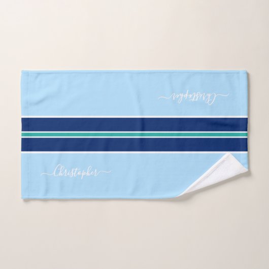 Bleu foncé clair Turquoise rayures Monogramme (Serviette à main)