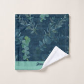 Bleu foncé et Feuilles verts Turquoises (Gant de toilette)