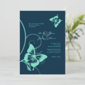 Bleu foncé et papillon Turquoise Faire-part de mar (Debout devant)