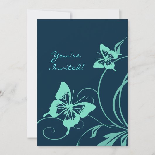 Bleu foncé et papillon Turquoise Faire-part de mar (Dos)