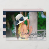 Bleu foncé et rayures mauves Faire-part diplômée (Devant / Derrière)