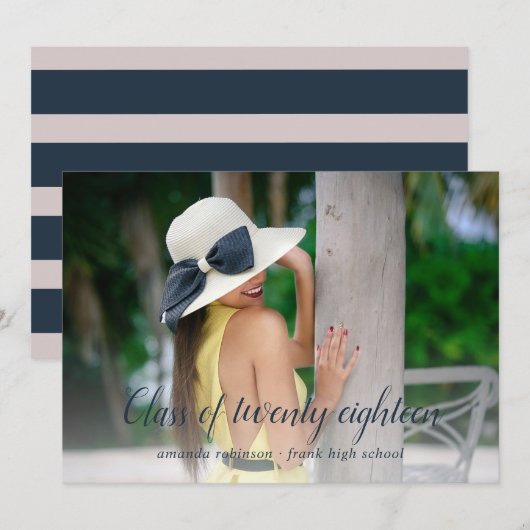 Bleu foncé et rayures mauves Faire-part diplômée (Devant / Derrière)