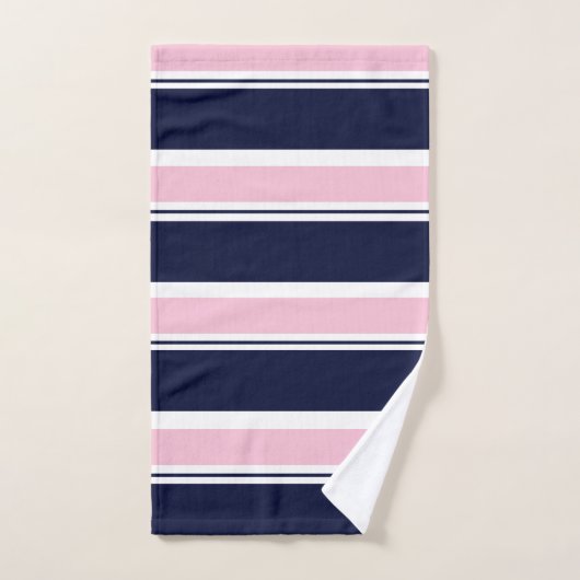 Bleu foncé et rayures roses (Serviette à main)