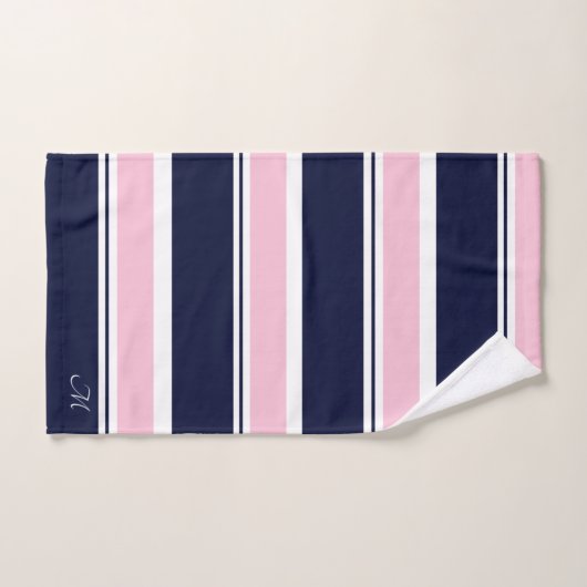 Bleu foncé et rayures roses (Serviette à main)