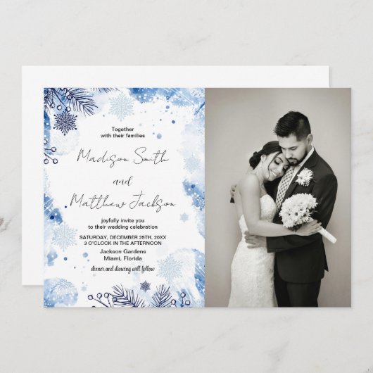 Bleu foncé Invitations de mariage d'hiver avec pho (Devant / Derrière)