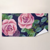 Bleu foncé, Roses Roses Rose Aquarelle. (Serviette de bain)