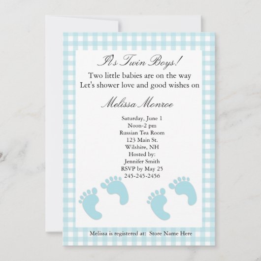 Bleu Footprints Twins Shower Invitation (Devant)