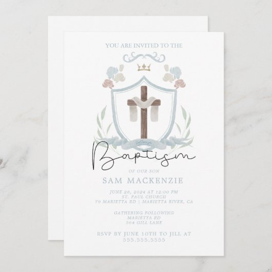 Bleu garçons première invitation de baptême (Devant / Derrière)