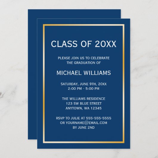 Bleu Gold Bordure Faire-part de graduation (Devant / Derrière)