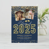 Bleu Gold Double Graduation Party Invitation (Debout devant)