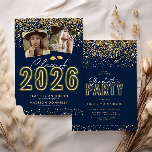 Bleu Gold Double Graduation Party Invitation