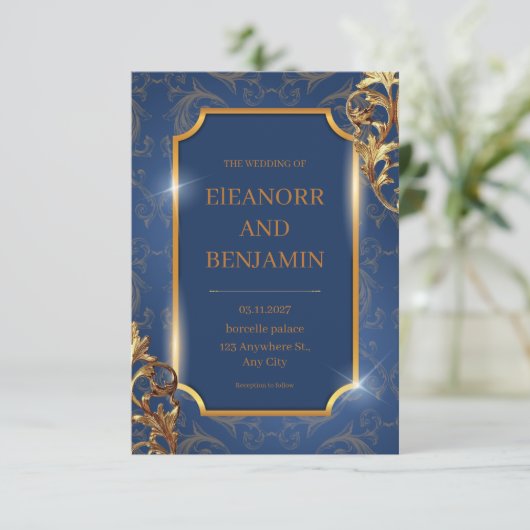Bleu Gold Elegant Wedding Invitation (Debout devant)