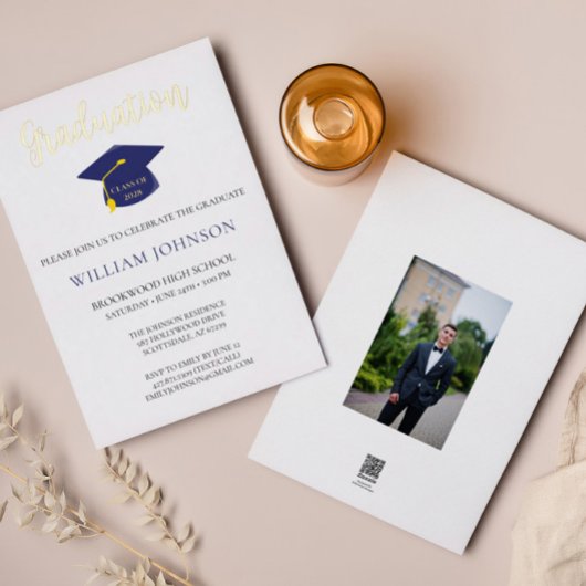 Bleu Gold Graduation Cap & Tassel Foil Invitation