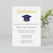 Bleu Gold Graduation Cap & Tassel Foil Invitation (Debout devant)