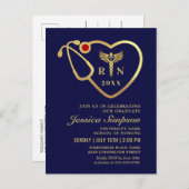 Bleu Gold Nursing Graduation Invitation Carte post (Devant / Derrière)