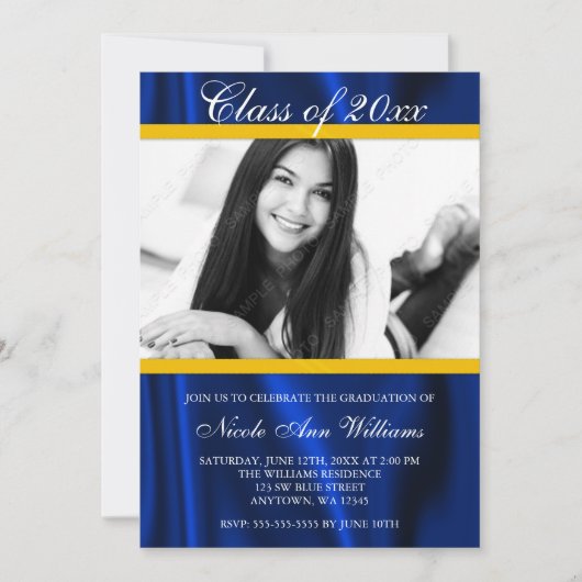 Bleu Gold Satin Faire-part de graduation photo (Devant)