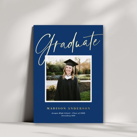 Bleu + Gold Script Faire-part de graduation photo