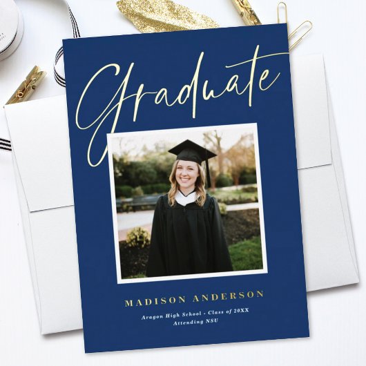 Bleu + Gold Script Faire-part de graduation photo