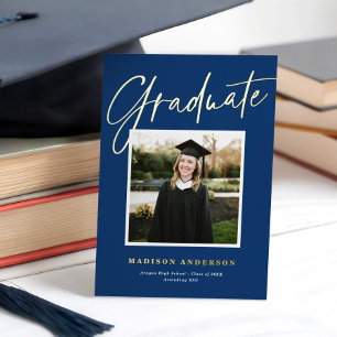 Bleu + Gold Script Faire-part de graduation photo