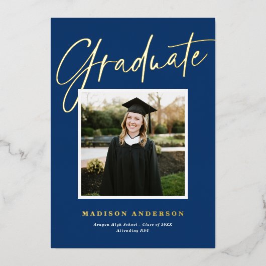 Bleu + Gold Script Faire-part de graduation photo (Recto)