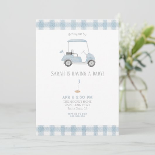 Bleu Golf Panier baby shower Invitation (Debout devant)