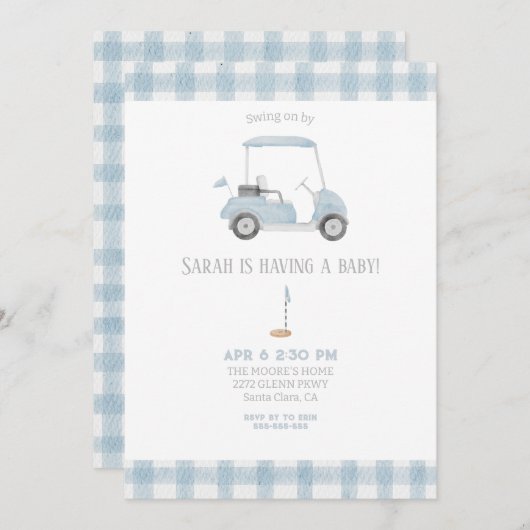 Bleu Golf Panier baby shower Invitation (Devant / Derrière)