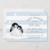 Bleu Gray Penguin Bébé Douche Invitations (Devant)