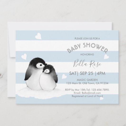 Bleu Gray Penguin Bébé Douche Invitations (Devant)