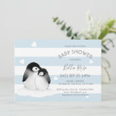Bleu Gray Penguin Bébé Douche Invitations (Debout devant)