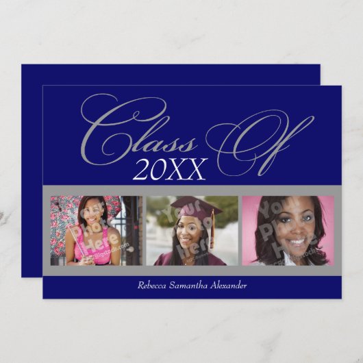 Bleu/Gris 3 Faire-part de graduation photo (Devant / Derrière)