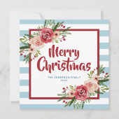 Bleu Gris Aquarelle Fleurs de Noël Carte (Devant)