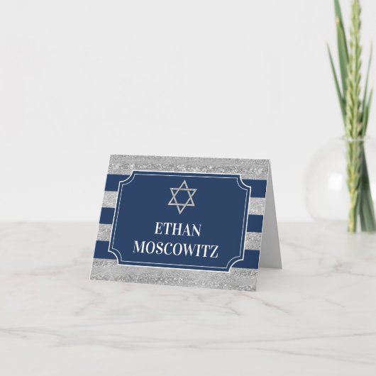 Bleu, Gris Barre Mitzvah Carte de remerciements (Devant)