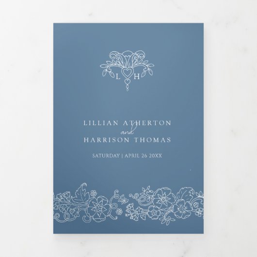 Bleu gris blanc fleur de lis programme de mariage (Page de couverture)