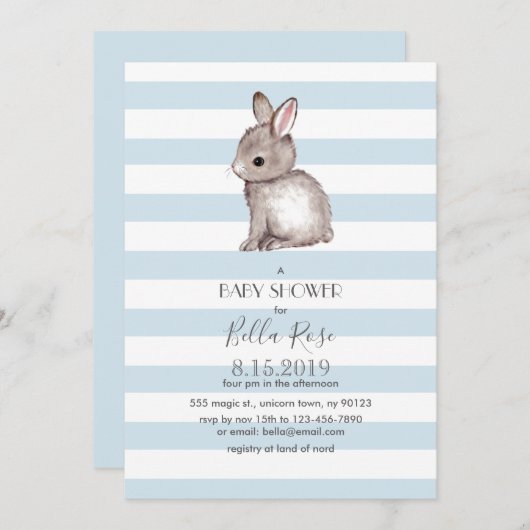 Bleu gris lapin bébé invitations de douche bébé (Devant / Derrière)