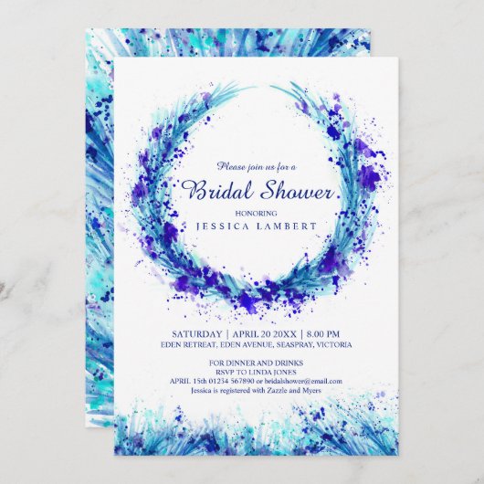 Bleu herbe aquarelle splash nuptiale invitations (Devant / Derrière)