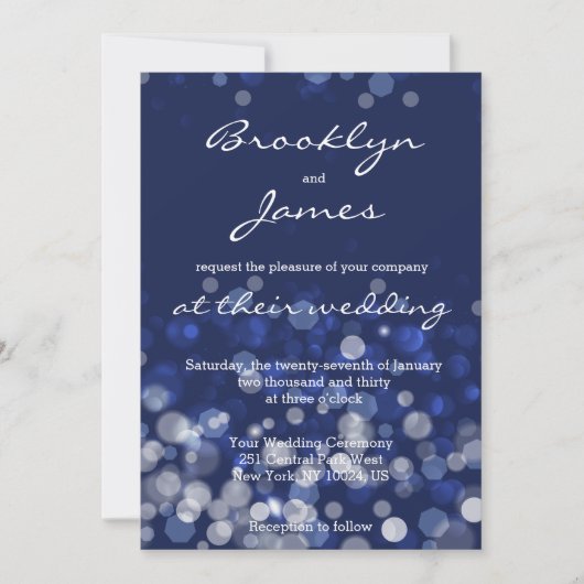 Bleu hiver Thème mariage Invitations Bokeh (Devant)