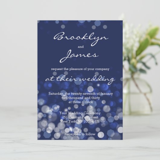 Bleu hiver Thème mariage Invitations Bokeh (Debout devant)