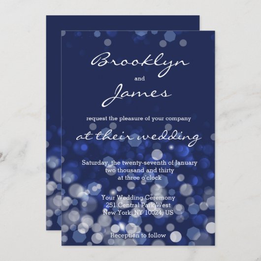 Bleu hiver Thème mariage Invitations Bokeh (Devant / Derrière)