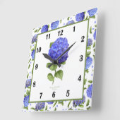 Bleu Hydrangea Botanique Art Carré Horloge murale (Angle)