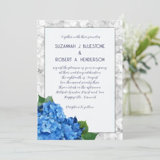 Bleu Hydrangea Faire-part de mariage en calque enc (Debout devant)
